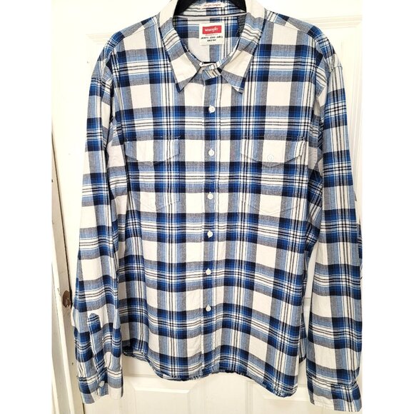 Wrangler Plus Size Men's Blue & White Plaid Button-Up Long Sleeve Shirt Size 2XL - Picture 2 of 13
